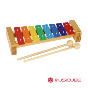 8 Tones Colored Glockenspiel 050805 - traditional pinewood resonator block with 8 colored steel bars and 2 wooden mallets, Musicube edition