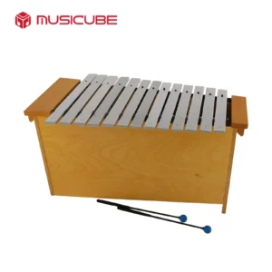 Bass Metallophone 051303 - 16 aluminum bars on tall birch resonance box with 2 dark blue mallets, Musicube edition