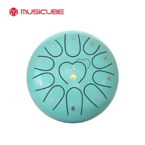 6 Inch Steel Tongue Drum 11 Tones - light green 210604 C major G4-C6 drum with heart pattern and note numbers, white background, Musicube edition
