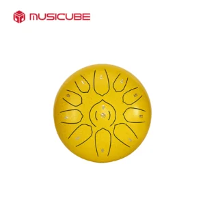 8 Inch Steel Tongue Drum 11 Tones - yellow with spot 210803 A major E4-A5 drum with carved tongues and gold Musicube mark, white background