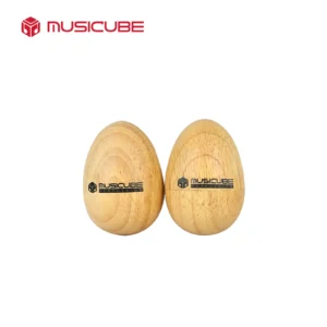Wood Egg Shakers 060801 060802 - pair of FSC rubber wood egg shakers in natural finish with Musicube imprint, white background