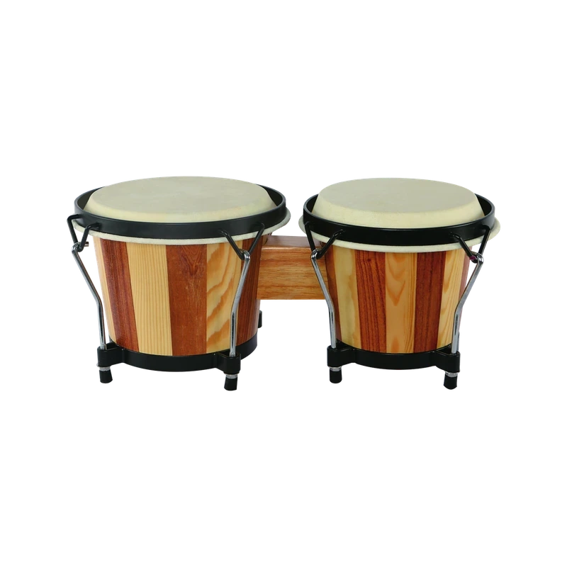 Tunable bongo drums, two-tone neem and pinewood 6"+7" pair, product photo on white