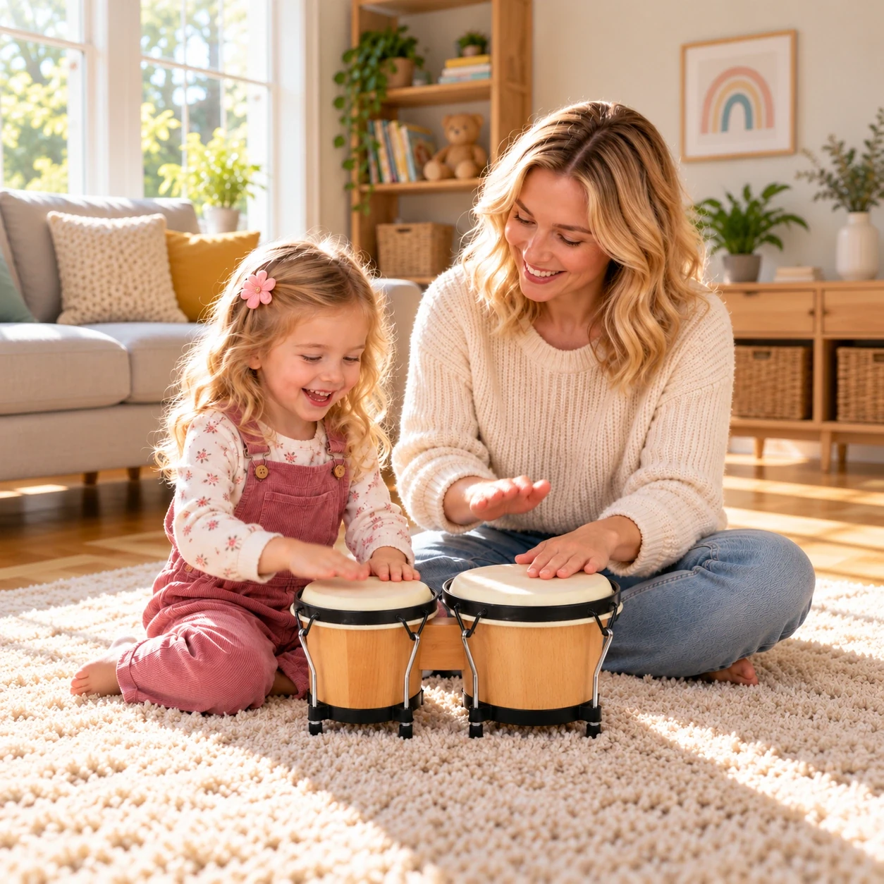 Tunable bongo drums, pinewood pair, being played by children