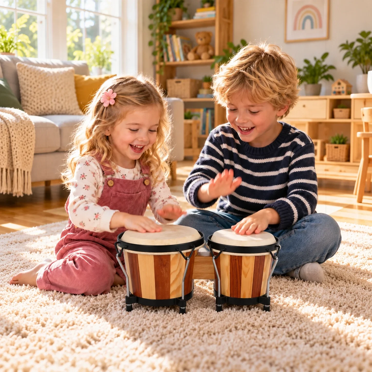 Tunable bongo drums, two-tone neem and pinewood pair, being played by children