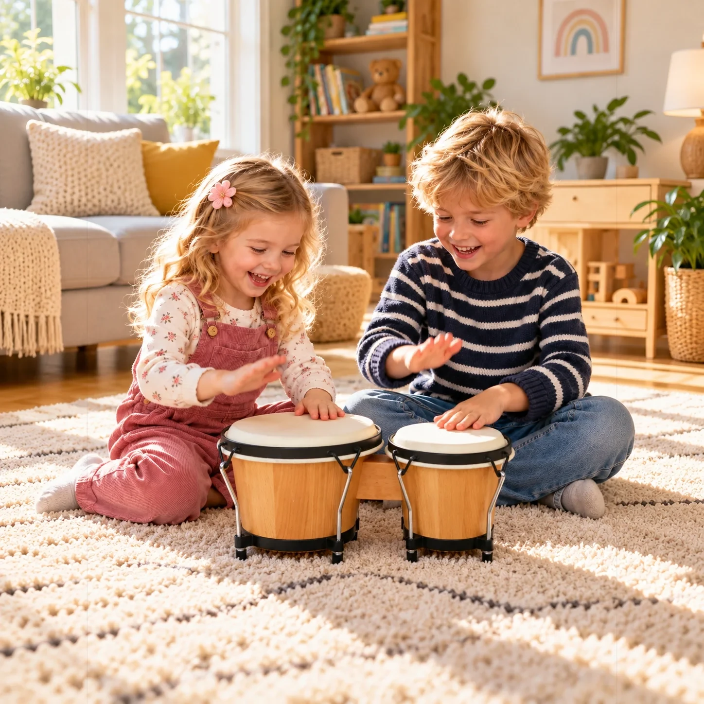 Tunable bongo drums, beechwood pair, being played by children