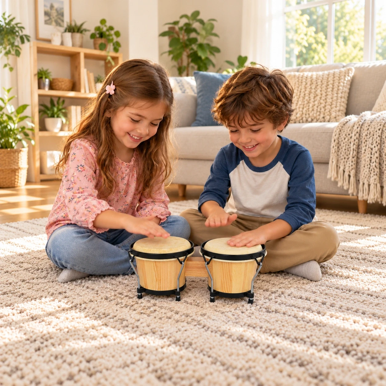 Tunable bongo drums, pinewood pair in a children's music scene