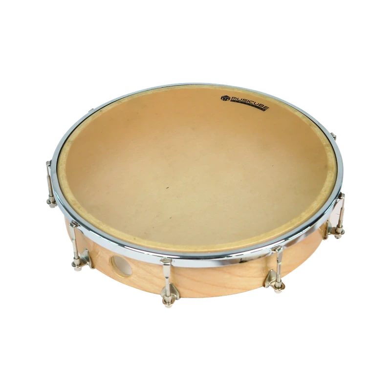 10" tunable hand drum with buffalo leather head and metal tension hoop, product photo on white