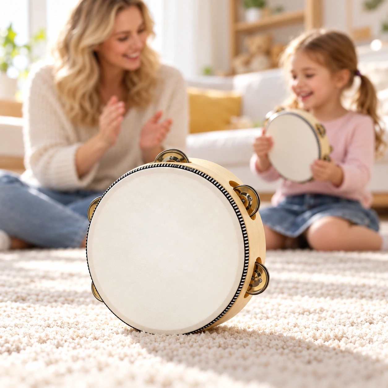 High-grade tambourine, 10/12 inch with denser jingles — in use, scene 01