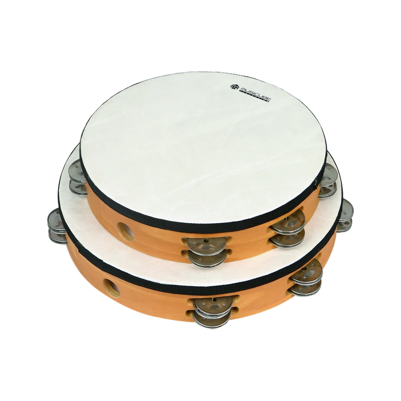 High-grade tambourine, 10/12 inch with denser jingles — product photo on white
